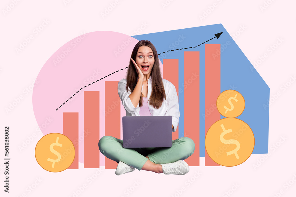 Composite photo collage of young funny woman touch cheek excited shocked grow graphic chart trading bull bitcoin isolated on painted background Composite photo collage of young funny woman touch cheek excited shocked grow graphic chart trading bull bitcoin isolated on painted background