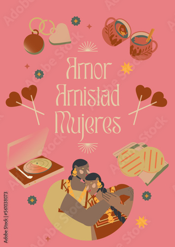 Set ilustraciones San Valentín, día del amor y la amistad. 14 Febrero. Mujeres amigas. Día mujer.