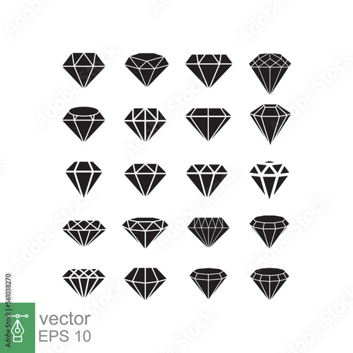 Diamond icon set. Simple flat style. Abstract black diamond collection, jewel, crystal, shiny stone, jewellery concept. Vector illustration design isolated on white background. EPS 10.