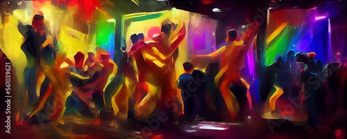 abstract colorful background with crowd of people dancing in the nightclub.
