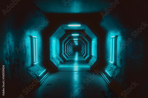 Futuristic Tunnel with Neon Light Tubes in Grunge Tunnel Corridor - 3D Render