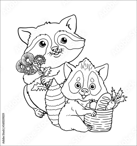 Cute racoon family to color in. Vector template for a coloring book with funny animals. Coloring template for kids.	