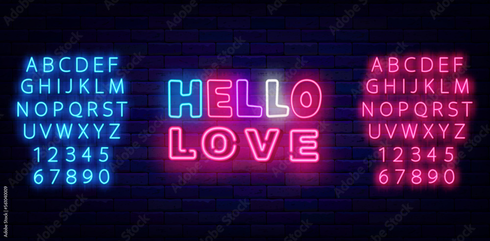 Hello Love neon label. Happy Valentines Day emblem. Luminous blue and pink alphabet. Vector stock illustration - obrazy, fototapety, plakaty 