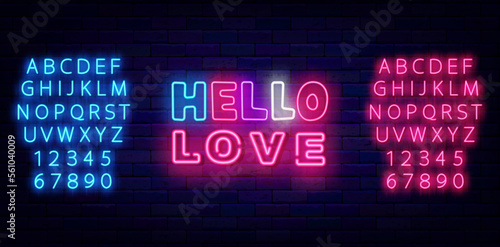 Hello Love neon label. Happy Valentines Day emblem. Luminous blue and pink alphabet. Vector stock illustration