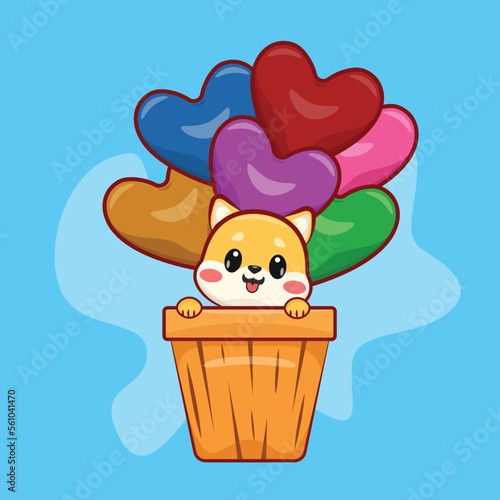 Cute Flying Shiba With Wood Box and Heart Shape Ballon Cartoon Vector Icon Illustration. Animal Nature Icon Concept Isolated Premium Vector. Flat Cartoon Style