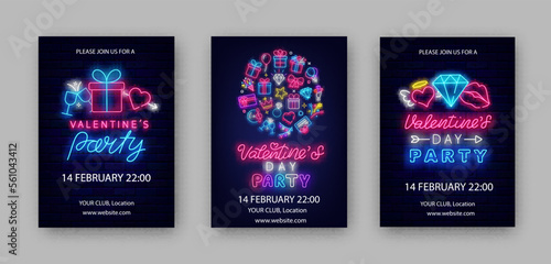 Valentines Day party neon poster collection. Round layout with romantic icons. Vector stock illustration