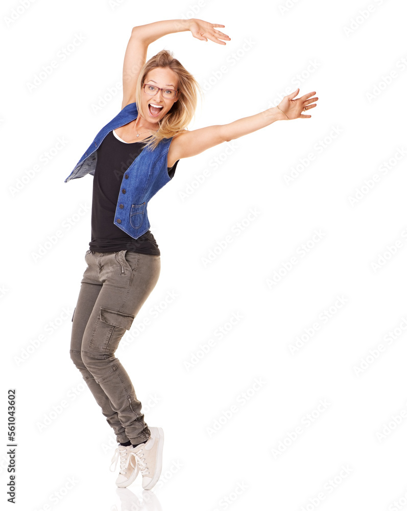 Portrait, dance and mockup with a woman excited in studio on a white background to promote advertising space. Marketing, mock up and product placement with a young female dancing for fun and success