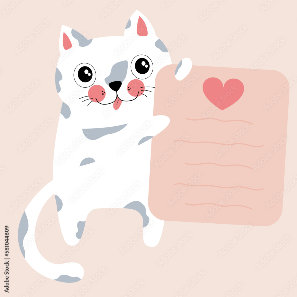 Fototapeta premium cute white cat holding a love letter for Valentine's Day. Vector illustration of a cat. Valentine's day, love letter, postcard, love, romance