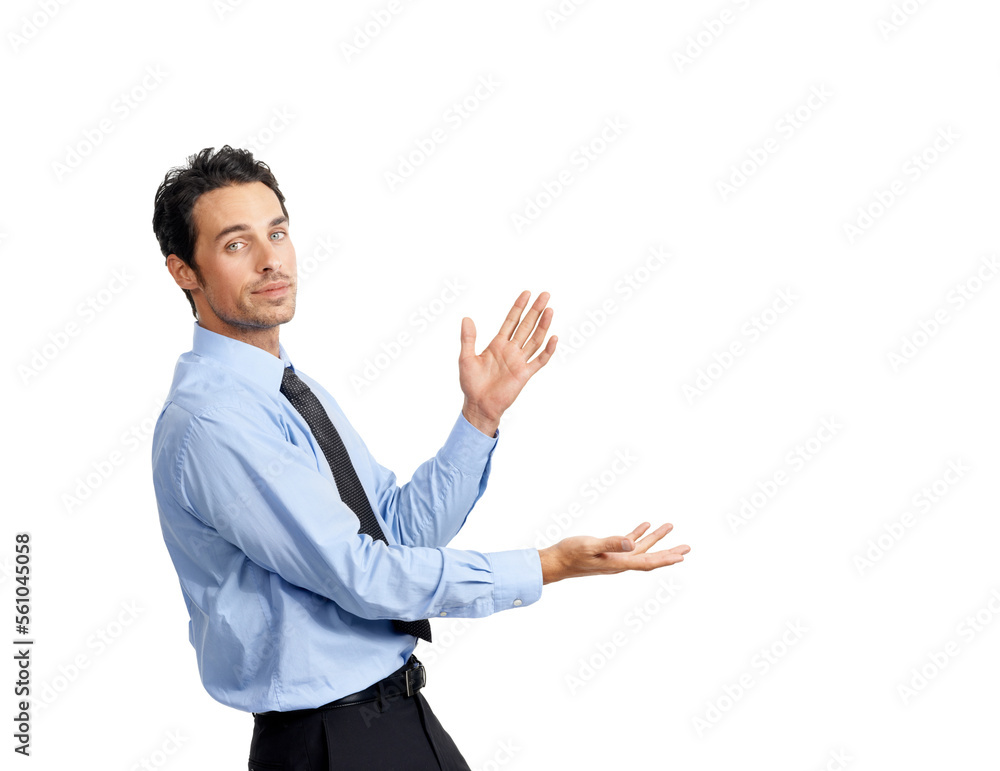 Businessman, portrait and hands in studio for advertising, brand and strategy on white background. Face, worker and manager with copy space for vision, planning and thinking, confident and serious Businessman, portrait and hands in studio for advertising, brand and strategy on white background. Face, worker and manager with copy space for vision, planning and thinking, confident and serious