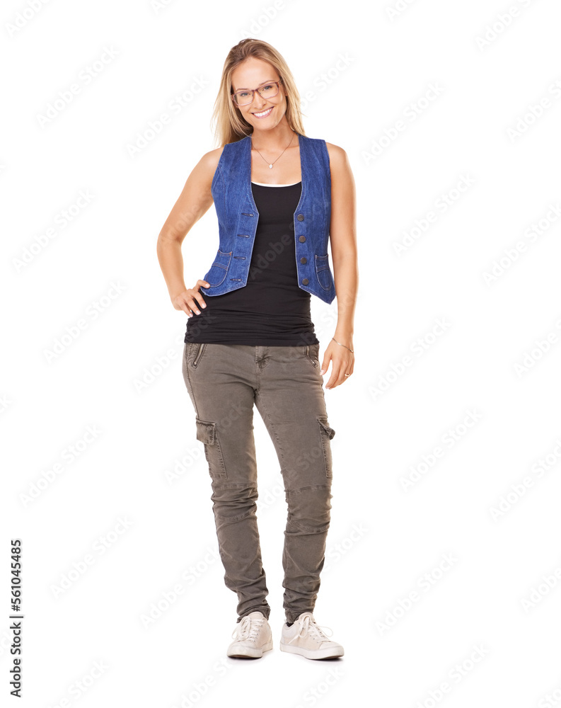 Fashion, casual body portrait of woman with smile and glasses isolated on white background with happiness. Beauty, fun and happy woman model in weekend streetwear with urban style standing in studio. Fashion, casual body portrait of woman with smile and glasses isolated on white background with happiness. Beauty, fun and happy woman model in weekend streetwear with urban style standing in studio.