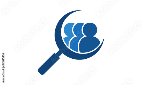 Job search icon with magnifying glass, Choose people for hire symbol. Job or employee logo, Recruitment agency vector illustration.