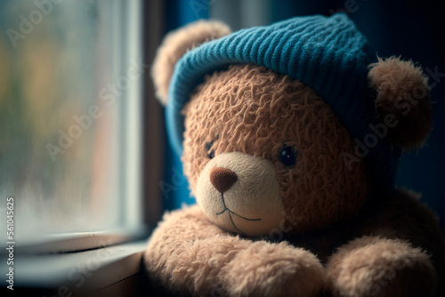 A sad teddy bear looks out the window. Concept of longing and loneliness. Generative AI