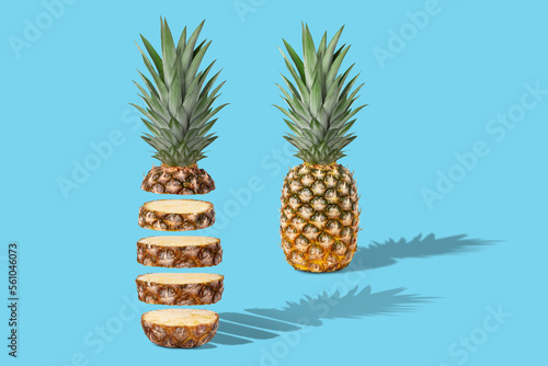 Two fresh juicy pineapples, whole and sliced. Concept. On a blue background.