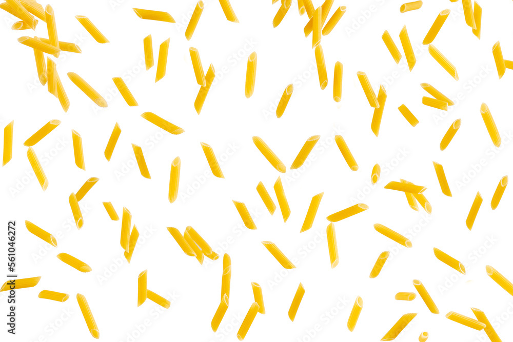 Penne pasta falling on white bakground. Penne pasta falling on white bakground.