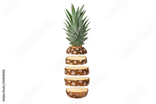 Fresh juicy pineapple in flight cut into rings. Isolated.