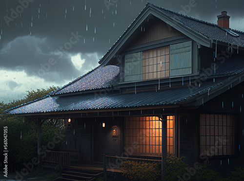 Cozy Rainy Day Retreats: Traditional Japanese Houses Image created with Generative AI technology.