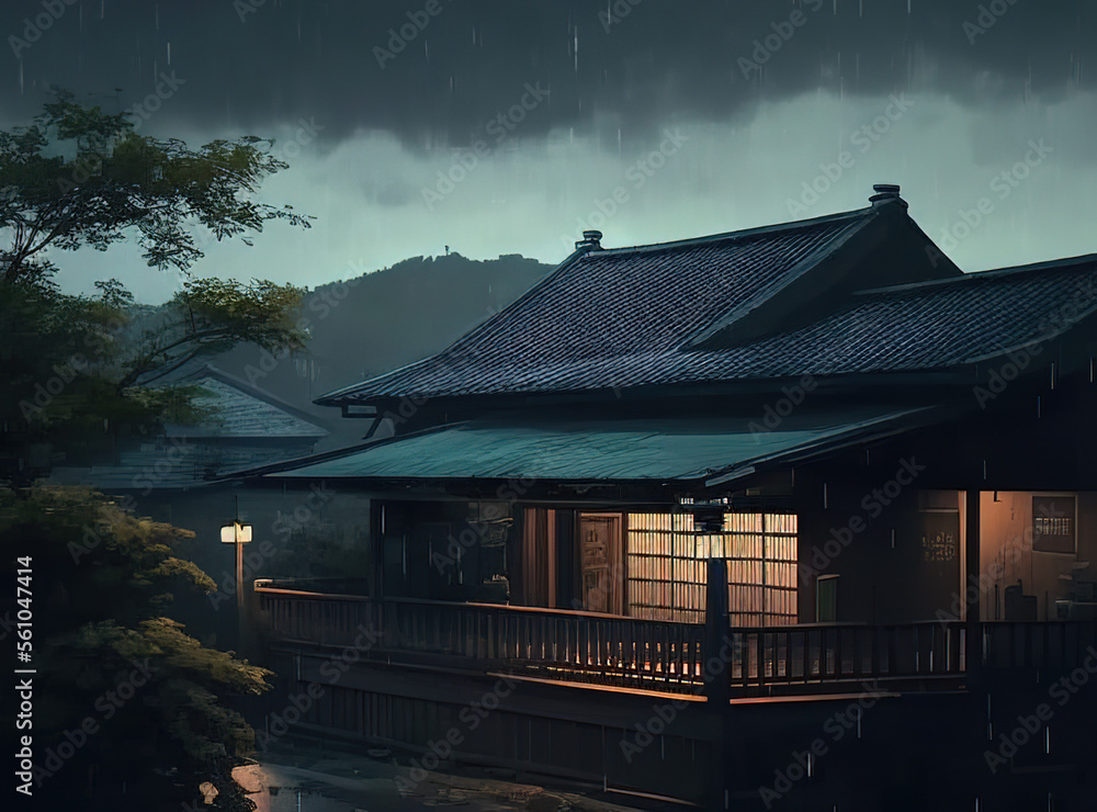 Rain and the Delicacy of Japanese Houses Ai Generated Image.