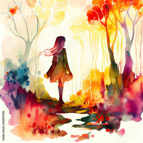 Automnal Landscape, girl in a watercolor forest - By Generative AI