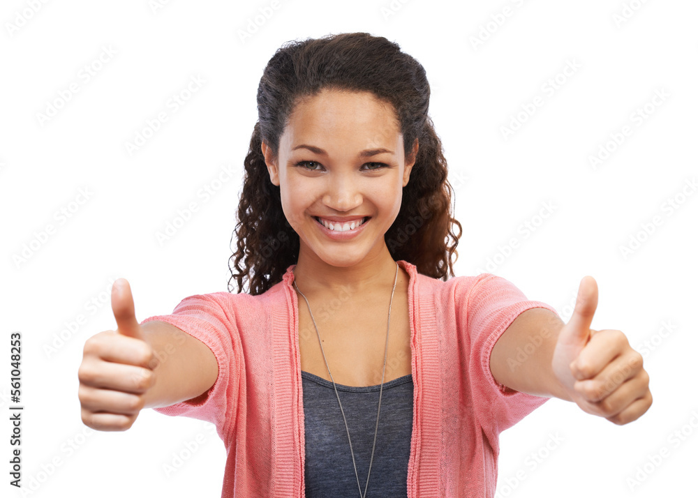 Face portrait, success thumbs up and woman in studio on a white background. Hands gesture, like emoji and happy female model with sign for motivation, support and approval, thank you and agreement. Face portrait, success thumbs up and woman in studio on a white background. Hands gesture, like emoji and happy female model with sign for motivation, support and approval, thank you and agreement.