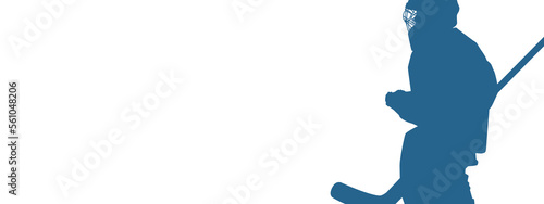 Silhouette of a hockey goalkeeper a muted dark blue tint on a white background. Sports dynamic illustration with place for text, advertising, promotion, etc.