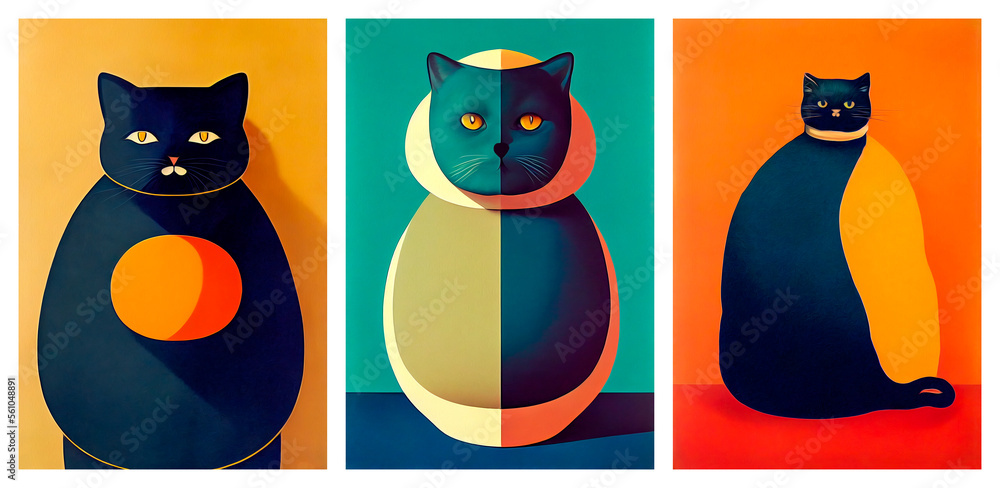 Fototapeta premium A set of three images of fat cats, drawing on a graphics tablet, computer graphics