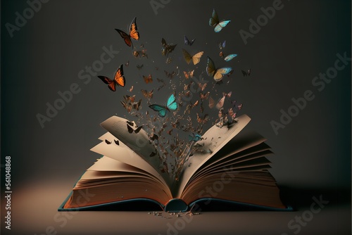 An open book with butterflies coming out of it ideal for fantasy and literature backgrounds. photo