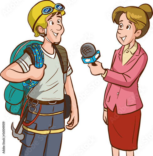 female journalist interviewing the climber man cartoon vector