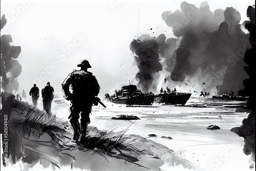 A black and white pen illustration of the Allied invasion of occupied France during Operation Overlord D-Day on the 6th of June 1944 in Normandy.