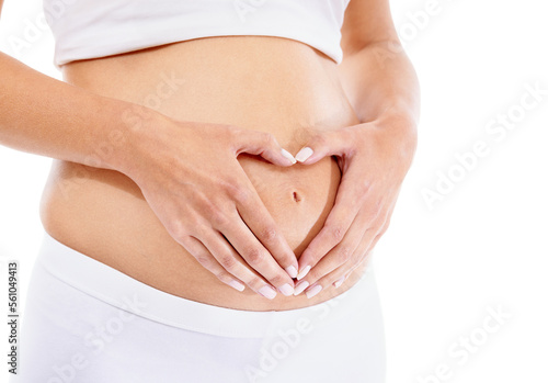 Wallpaper Mural Pregnant woman, hands and heart shape in studio for baby, love and security support in white background studio. Pregnancy wellness, maternity and hand frame abdomen for infant healthcare or growth Torontodigital.ca