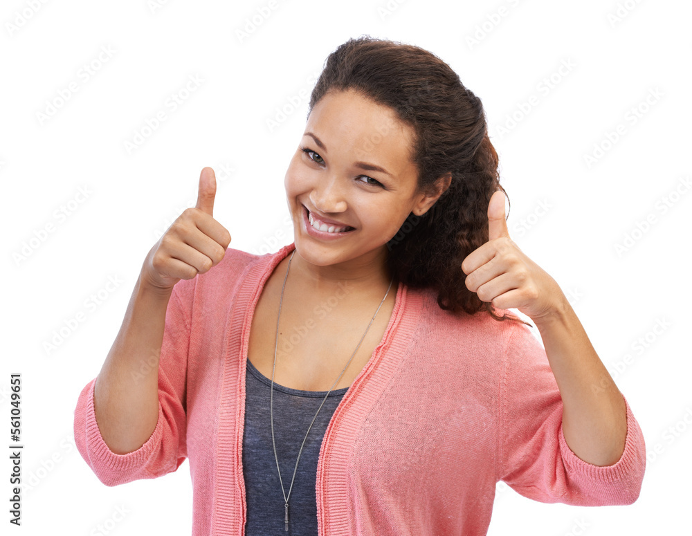 Face portrait, thumbs up and woman in studio isolated on a white background. Hands gesture, like emoji and happy female model with thumbsup for success, support or approval, thank you or agreement