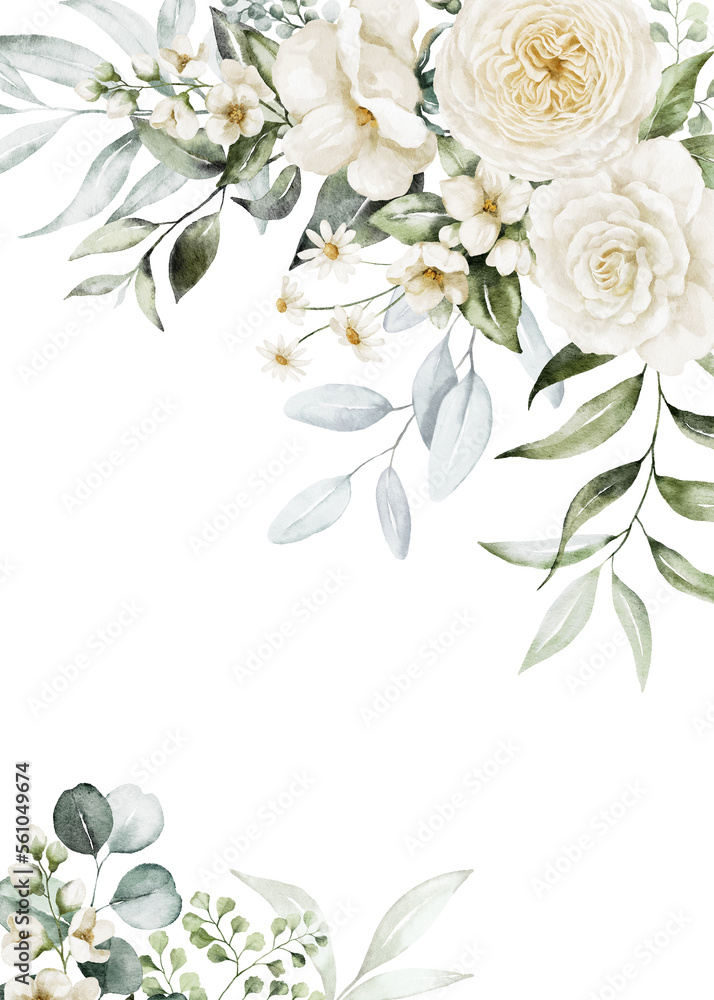 Watercolor Floral Frame Border With White Flowers Rose Peony Green Leaves Branches And Gold