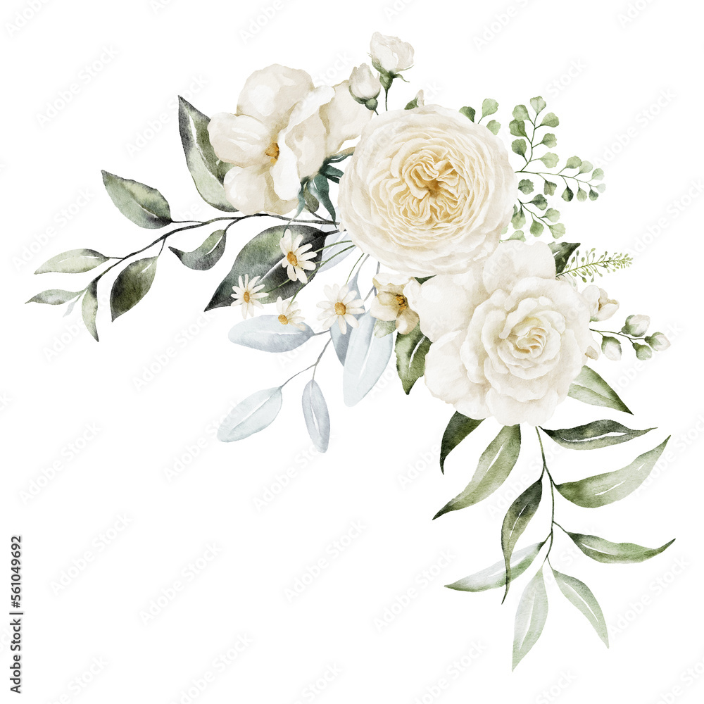 floral illustration, white flowers, gold flowers, green leaves, floral  bouquet, flower art, flower illustration, spring flowers, wedding  stationary, wallpapers, background, textures, cards Stock Illustration