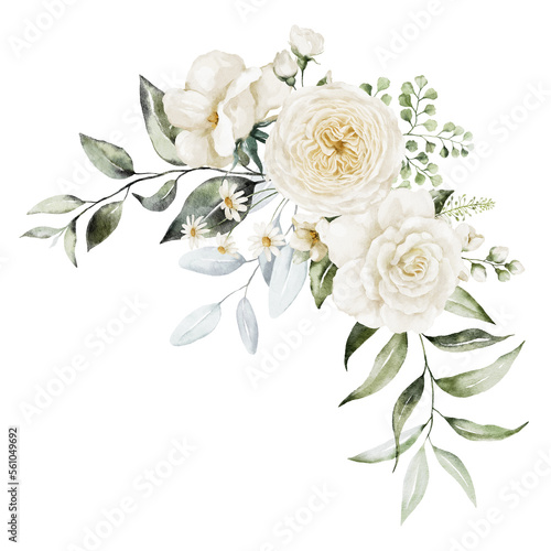 Watercolor floral illustration bouquet - white flowers, rose, peony, green and gold leaf branches collection. Wedding stationary, greetings, wallpapers, fashion, background. Eucalyptus, olive, leaves.