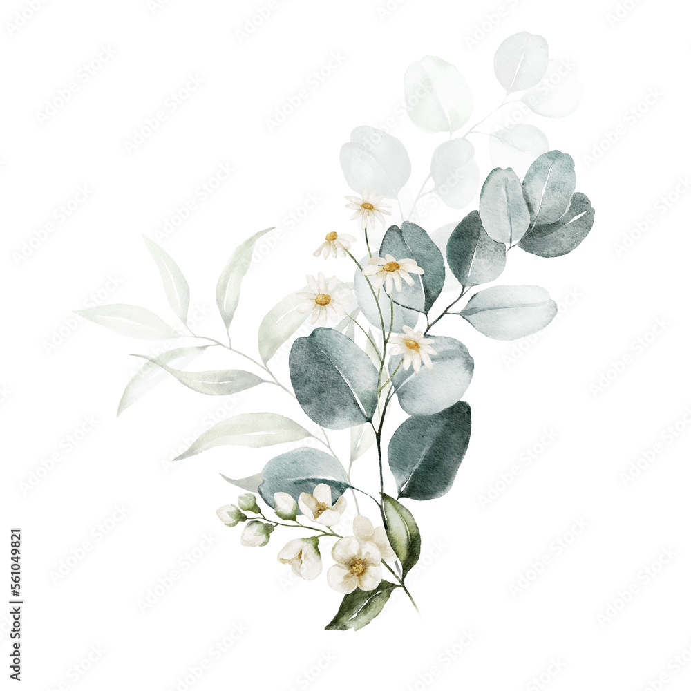 Fototapeta premium Watercolor floral illustration bouquet - white flowers, green leaf branches collection, for wedding stationary, greetings, wallpapers, fashion, background. Eucalyptus, olive, green leaves, etc.