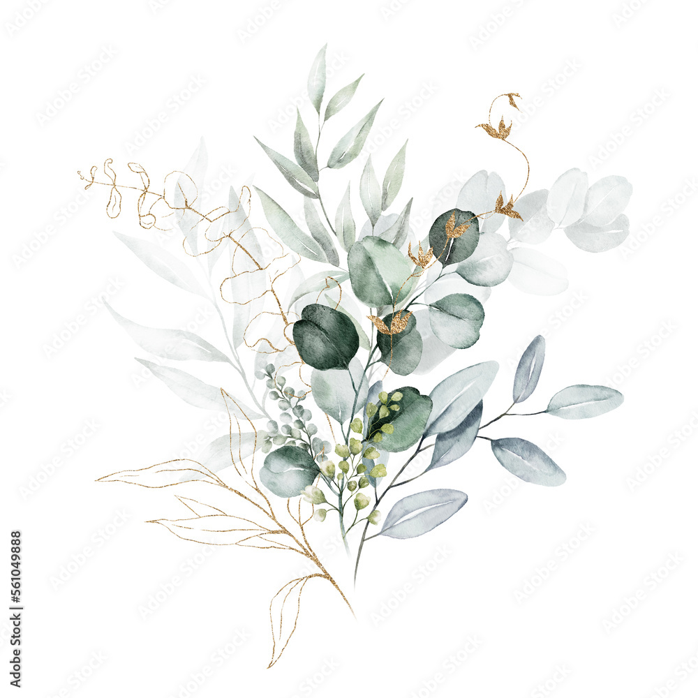 Watercolor floral illustration bouquet - green and gold leaf branches ...