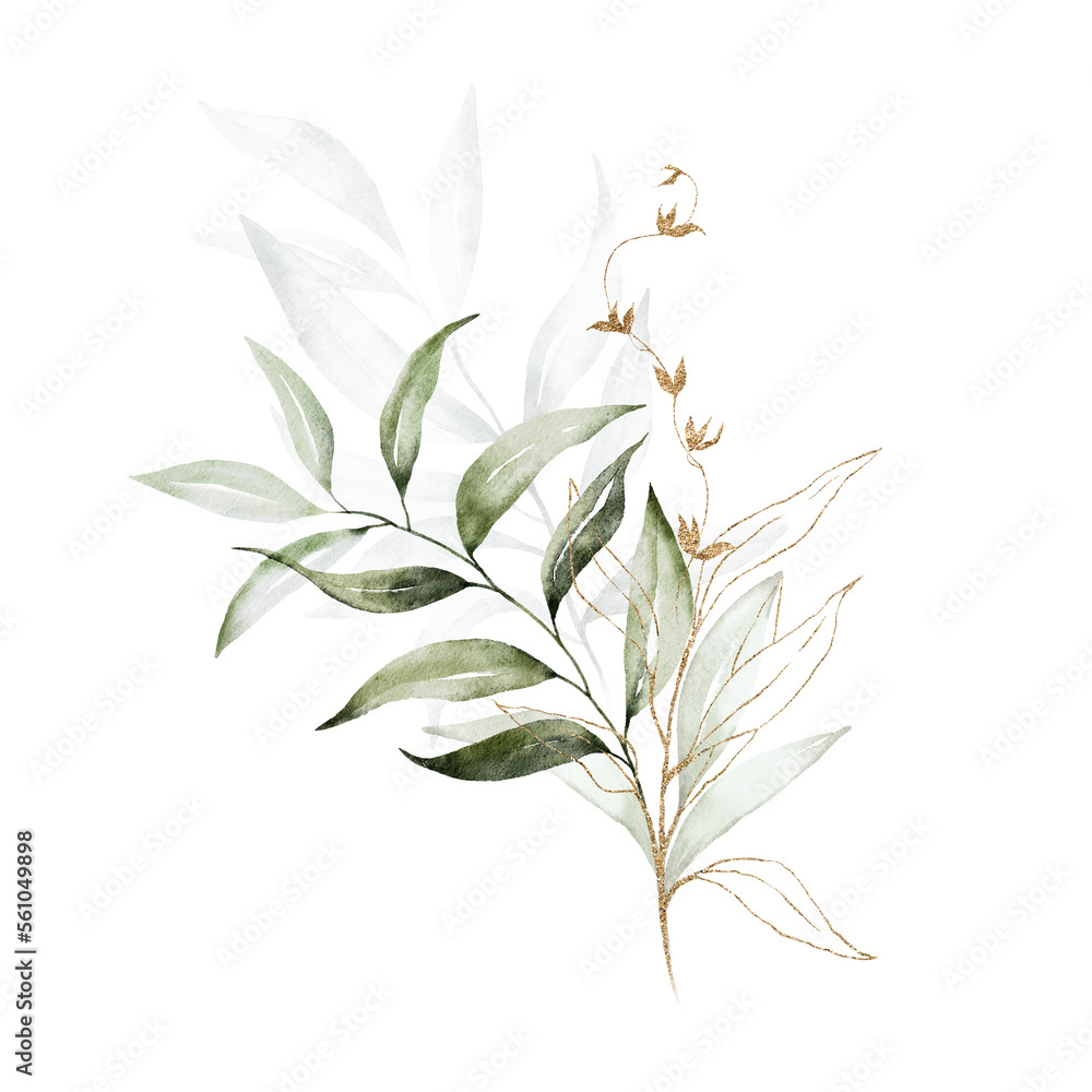 Watercolor floral illustration bouquet - green and gold leaf branches collection, for wedding stationary, greetings, wallpapers, fashion, background. Eucalyptus, olive, green leaves, etc.