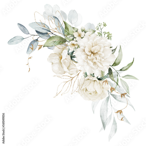 Fototapeta Naklejka Na Ścianę i Meble -  Watercolor floral illustration bouquet - white flowers, rose, peony, green and gold leaf branches collection. Wedding stationary, greetings, wallpapers, fashion, background. Eucalyptus, olive, leaves.
