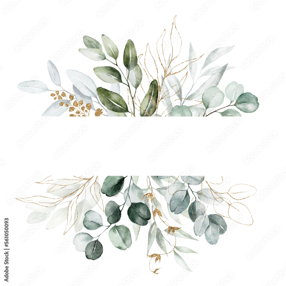 Watercolor floral illustration - green and gold leaf frame - border ...