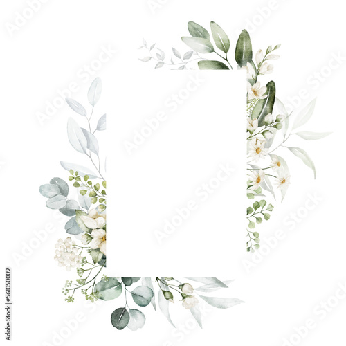 Watercolor floral illustration - white flowers, leaves and branches wreath frame with geometric shape. Wedding stationary, greetings, wallpapers, fashion, background. Eucalyptus, olive, green leaves.
