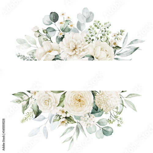 Watercolor floral illustration - white flowers, rose, peony, green and gold leaf frame - border, for wedding stationary, greetings, wallpapers, fashion, background. Eucalyptus, olive, green leaves.