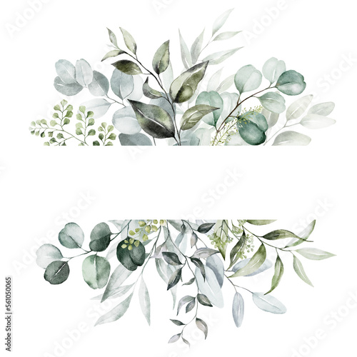 Watercolor floral illustration - green and gold leaf frame - border, for wedding stationary, greetings, wallpapers, fashion, background. Eucalyptus, olive, green leaves, etc.
