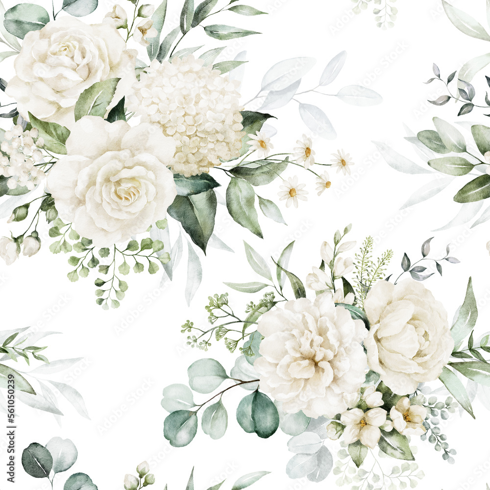 Seamless watercolor floral pattern - gold green leaves, white flowers, rose, peony, branches composition on white background. For wrappers, wallpapers, postcards, greeting cards, wedding invitations.
