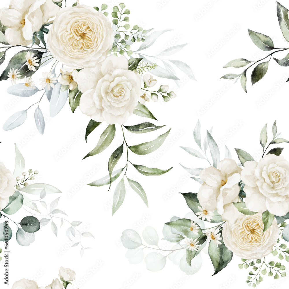 Seamless watercolor floral pattern - gold green leaves, white flowers, rose, peony, branches composition on white background. For wrappers, wallpapers, postcards, greeting cards, wedding invitations.