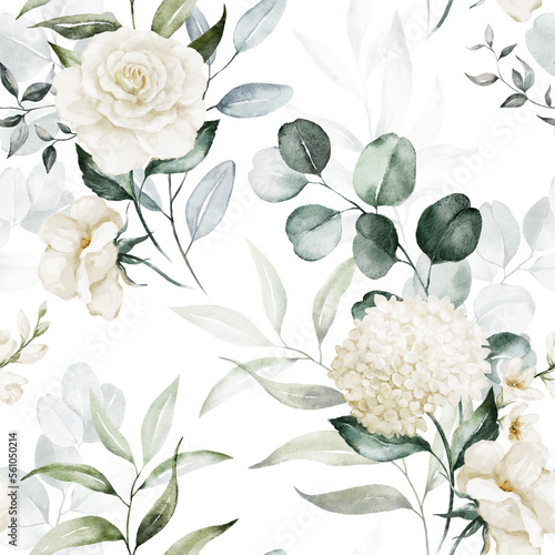 Fototapeta Naklejka Na Ścianę i Meble -  Seamless watercolor floral pattern - gold green leaves, white flowers, rose, peony, branches composition on white background. For wrappers, wallpapers, postcards, greeting cards, wedding invitations.
