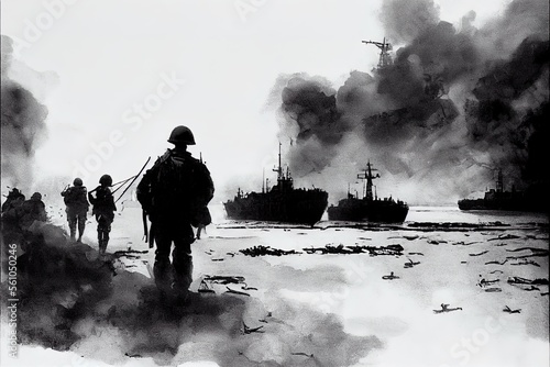 A black and white pen illustration of the Allied invasion of occupied France during Operation Overlord D-Day on the 6th of June 1944 in Normandy.
