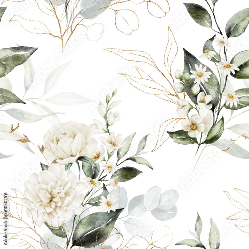 Seamless watercolor floral pattern - gold green leaves, white flowers, rose, peony, branches composition on white background. For wrappers, wallpapers, postcards, greeting cards, wedding invitations.