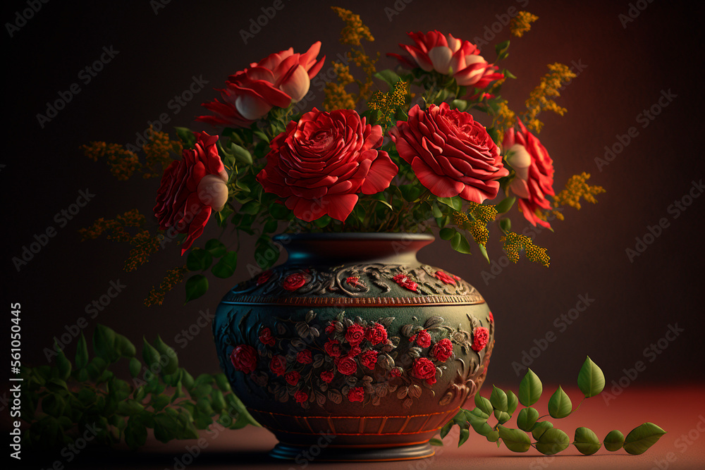 A beautiful bouquet of red roses in a vase. Generated by Ai