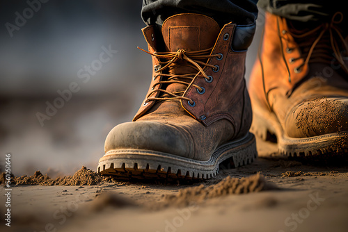 A constuction worker is wearing leather safety shoe, standing on the sand ground at construction working site. Generative Ai image. 
