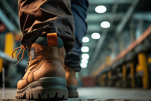 Fototapeta Close-up  safety working shoe on a worker feet is standing at the factory, ready for working in danger workplace concept
