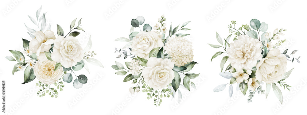 Εκτύπωση καμβά Watercolor floral bouquet illustration set - white flower green leaf leaves branches bouquets collection